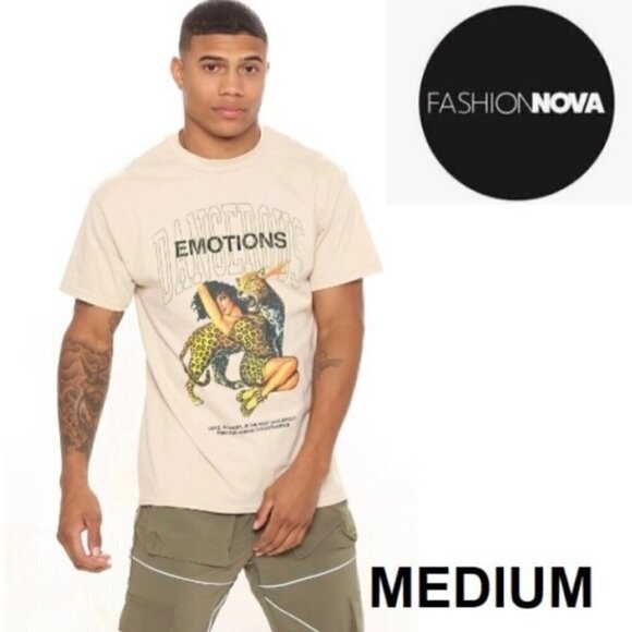 Nwt - Fashion Nova, Men’s Dangerous Emotions Short Sleeve Tee - Beige. Size: M. - Picture 2 of 10
